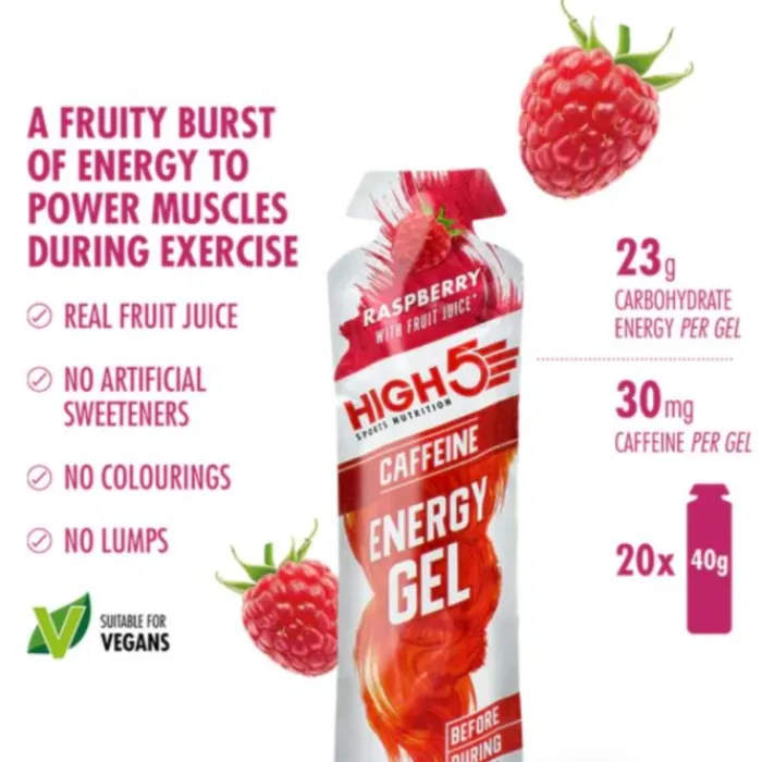 High5 Sports Nutrition^Energy Gel Caffeine Raspberry 20x40g White